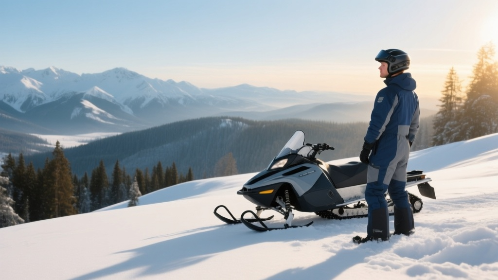 Мужчина в снегоходной экипировке стоит рядом со снегоходом Мужчина в снегоходной экипировке стоит рядом со снегоходом