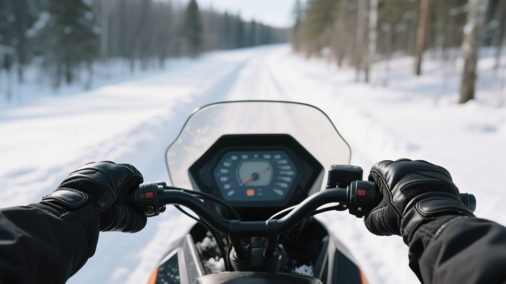 Руки в толстых снегоходных перчатках крепко держат руль снегохода