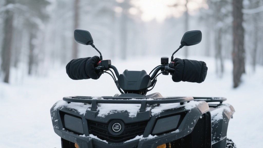 Большие черные утепленные муфты, установленные на руле квадроцикла в зимнем лесу.